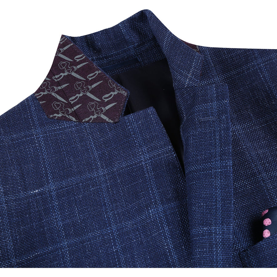 "Classic Fit Wool Blazer - Men's Two Button Navy Blue Windowpane Plaid Sport Coat"