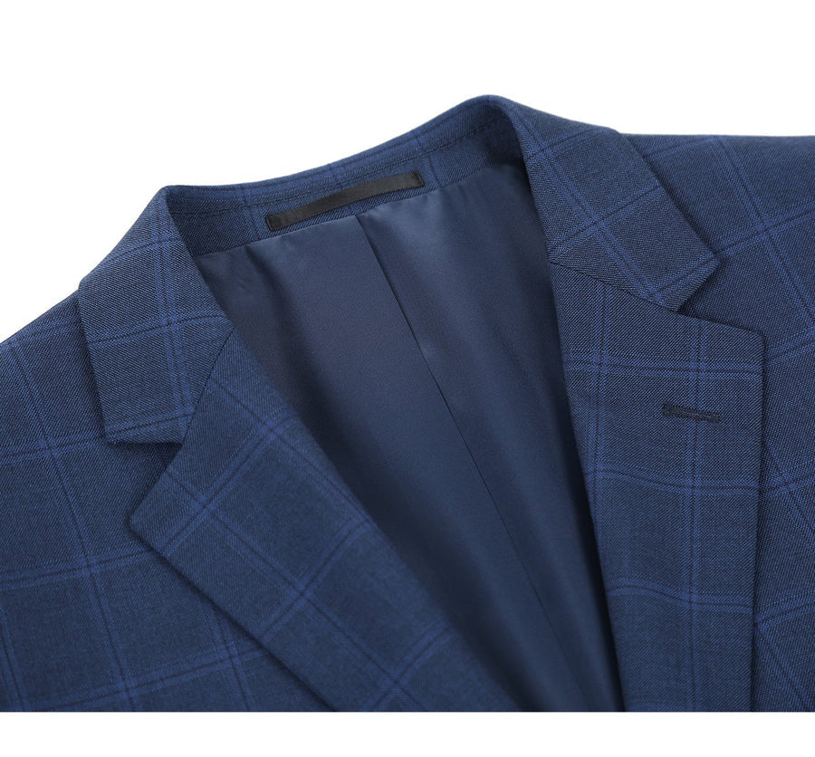 "Indigo Blue Windowpane Plaid Men's Slim Fit Two-Button Suit"