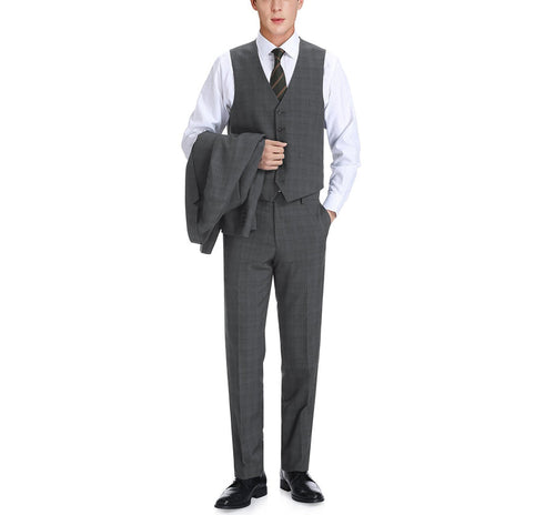 "Charcoal Grey Windowpane Plaid Men's Classic Fit Vested Suit - Two Button"