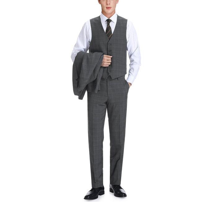 "Charcoal Grey Windowpane Plaid Men's Classic Fit Vested Suit - Two Button"
