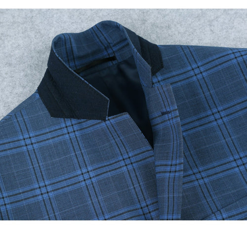 "Blue Windowpane Plaid Men's Slim Fit Two-Button Suit"