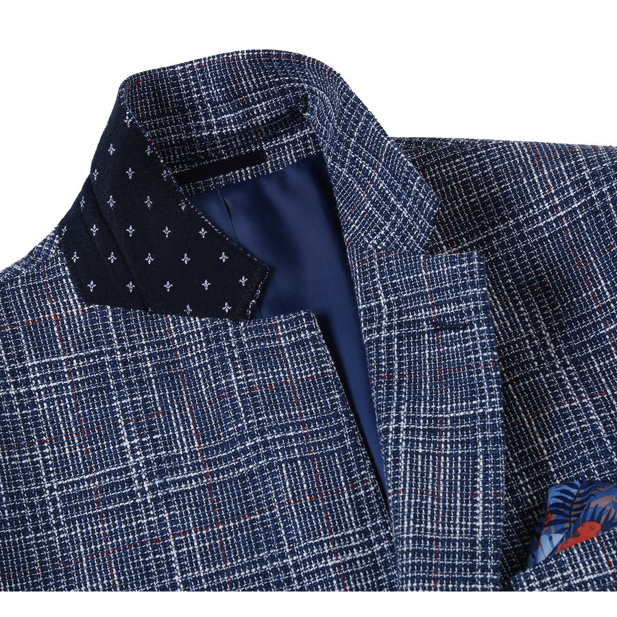 "Blue Windowpane Plaid Men's Slim Fit Wool & Linen Sport Coat Blazer"