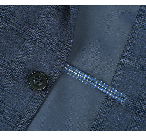 "Classic Fit Men's Two-Button Vested Suit - Navy Blue Windowpane Plaid"