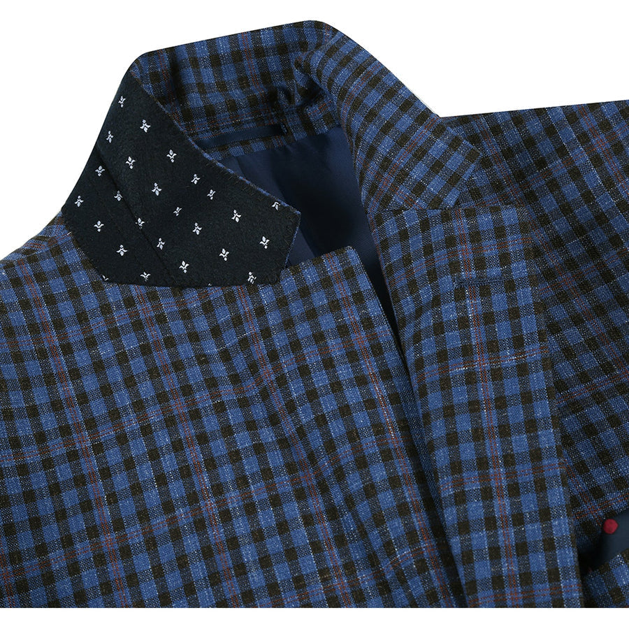 Slim Fit Wool Sport Coat Blazer for Men - Navy Blue & Burgundy Mini Check - 34 Short