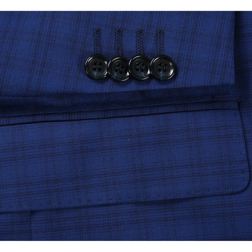 "Classic Fit Men's Wool Suit - Dark Blue Windowpane Plaid Check"