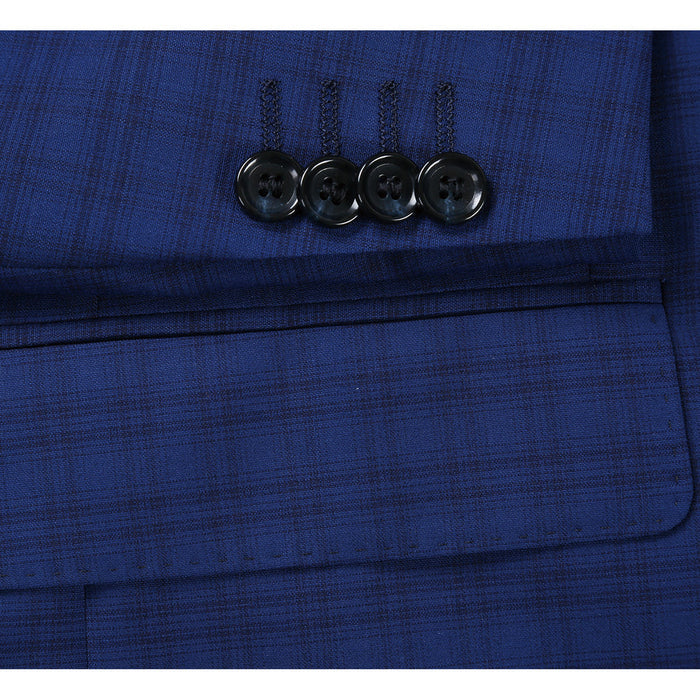 "Classic Fit Men's Wool Suit - Dark Blue Windowpane Plaid Check"