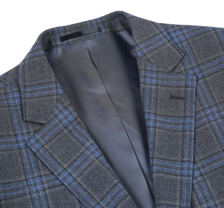 "Classic Fit Men's Wool Suit - Two Button Vested in Grey & Blue Windowpane Plaid" - 44 Regular