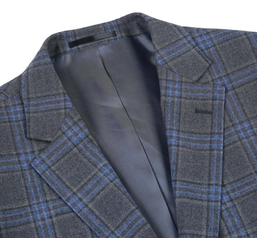 "Classic Fit Men's Wool Suit - Two Button Vested in Grey & Blue Windowpane Plaid"