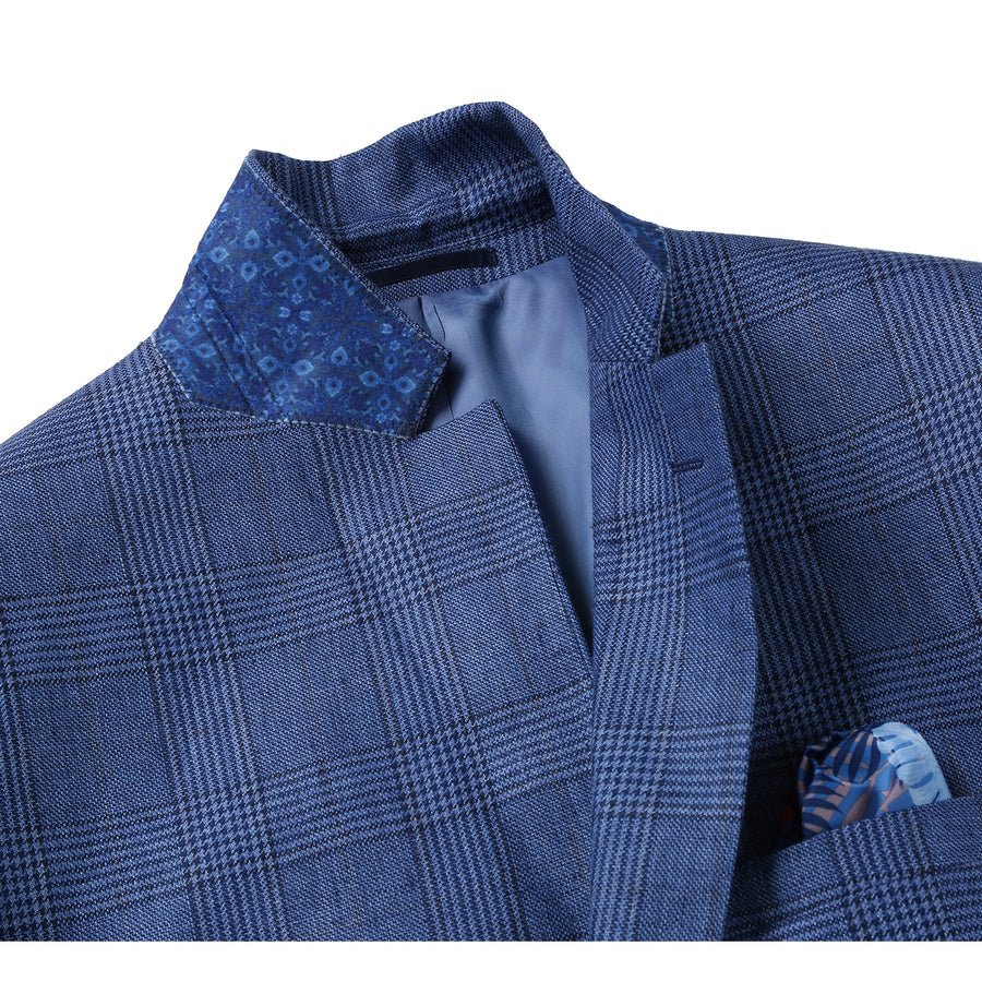 "Men's Navy Blue Slim Fit Linen plaid Blazers - Two Button, Summer Windowpane Plaid" - 44 Short