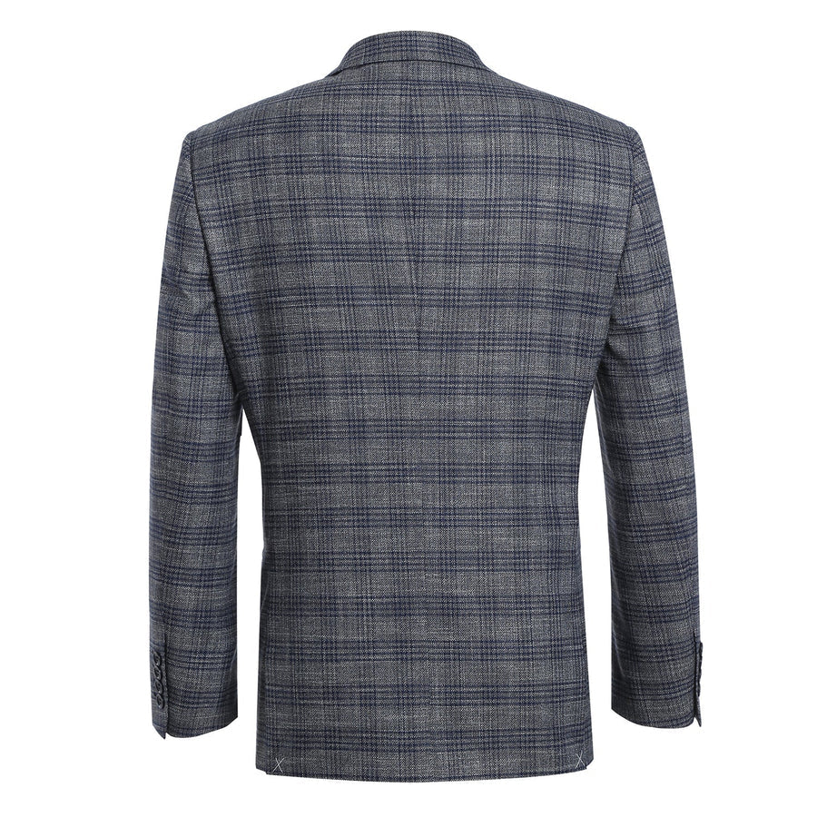"Men's Slim Fit Two Button Sport Coat Blazer - Charcoal Grey & Blue Windowpane Plaid"