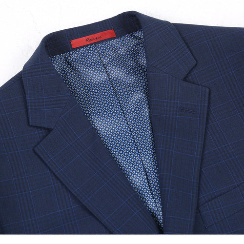 "Classic Fit Men's Suit - Dark Blue Windowpane Plaid Check, Two Button"