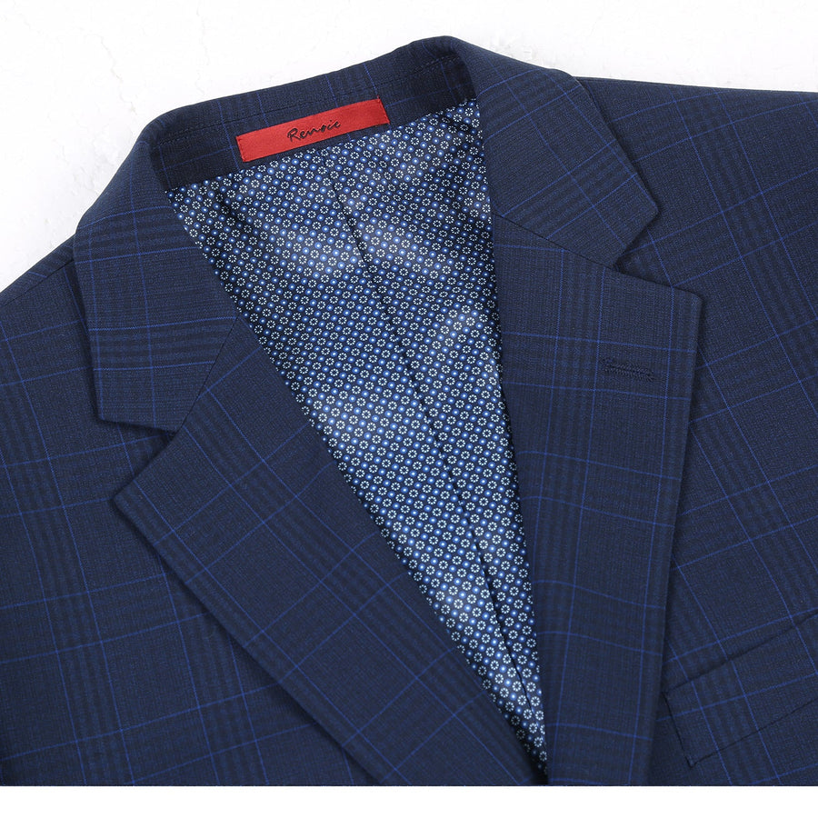 "Classic Fit Men's Suit - Dark Blue Windowpane Plaid Check, Two Button" - 36 Short