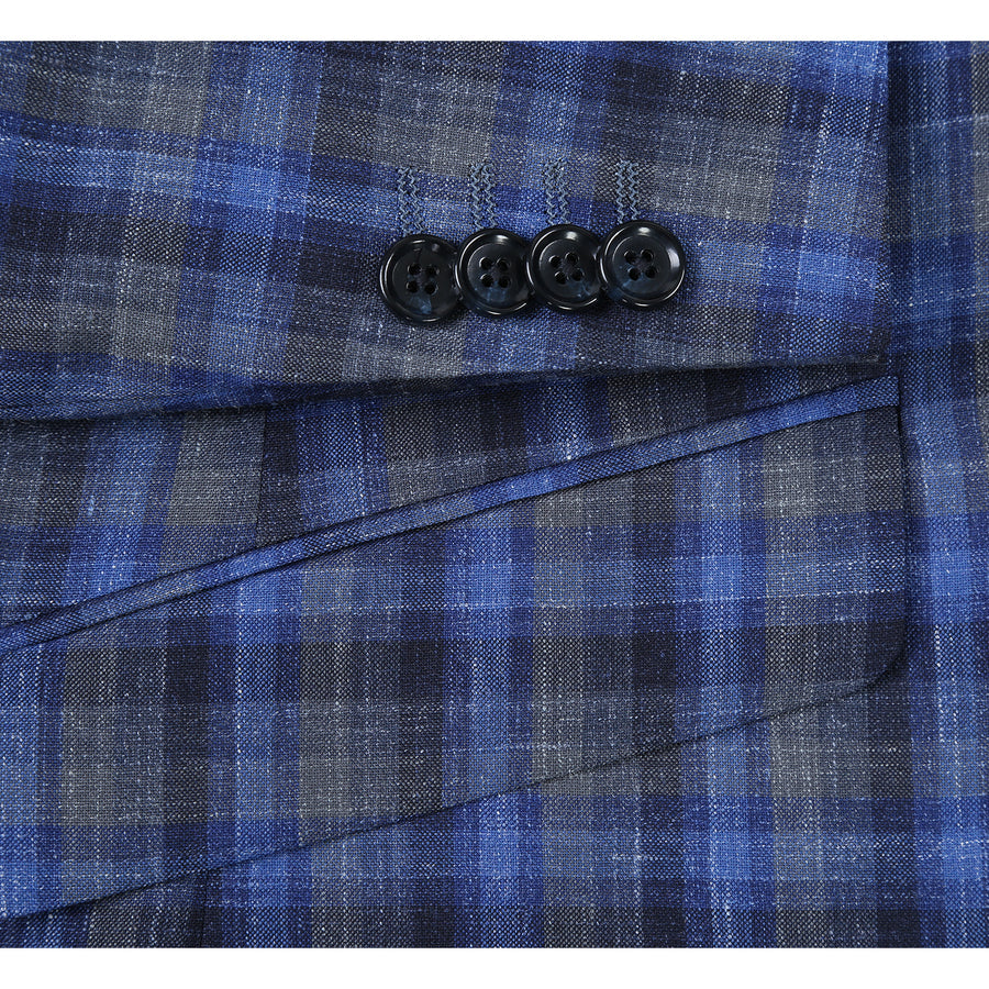 Wool Sport Coat Blazer for Men - Slim Fit, Two-Button, Navy Blue & Grey Windowpane Plaid - 36 Short