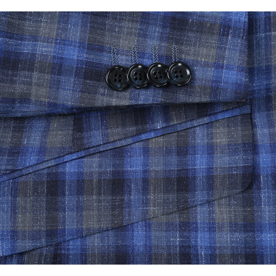 Wool Sport Coat Blazer for Men - Slim Fit, Two-Button, Navy Blue & Grey Windowpane Plaid