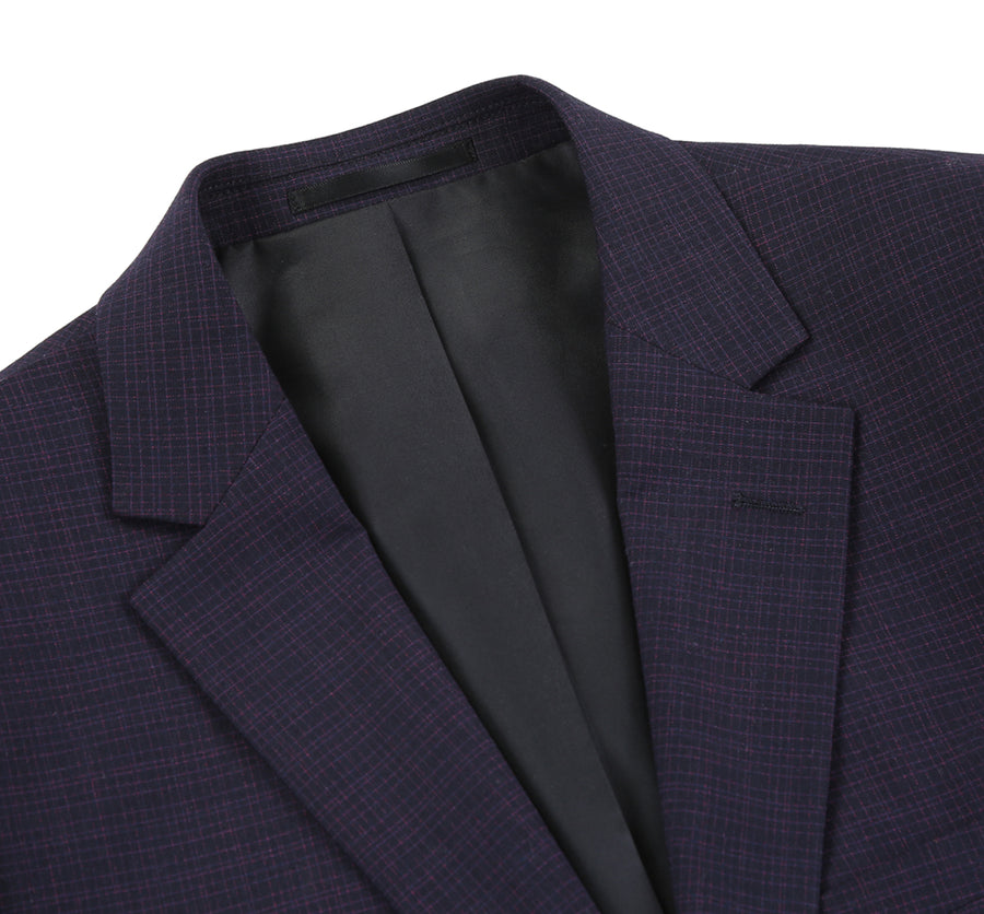 "Men's Slim Fit Two Button Suit - Black & Magenta Mini Check"