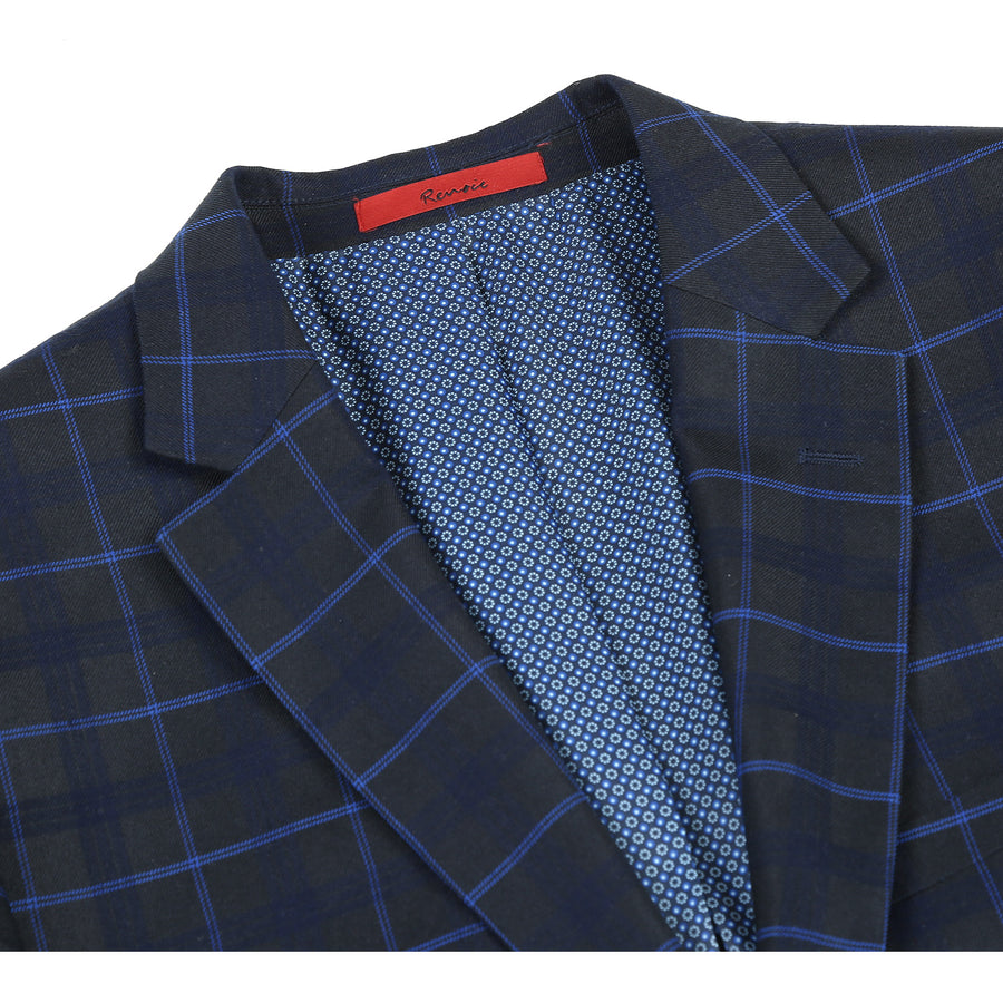 "Dark Blue Slim Fit Men's Suit - Two Button, Wide Windowpane Plaid"