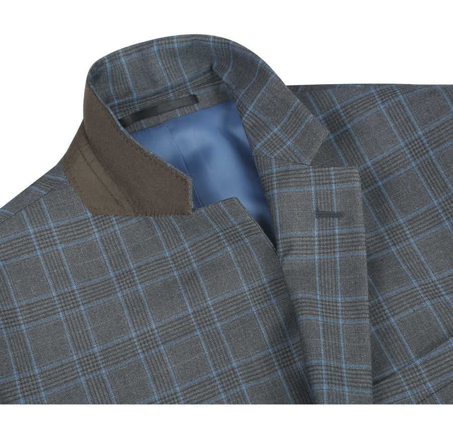 "Classic Fit Men's Two Button Suit - Grey & Blue Windowpane Plaid"