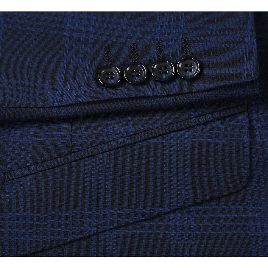 "Dark Navy Windowpane Plaid Slim Fit Two-Button Men's Suit" - 40 Long