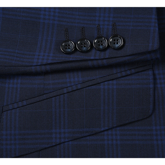 "Dark Navy Windowpane Plaid Slim Fit Two-Button Men's Suit"