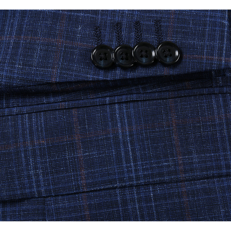 "Blue Windowpane Plaid Wool & Linen Sport Coat - Men's Classic Fit Two Button Blazer" - 36 Short