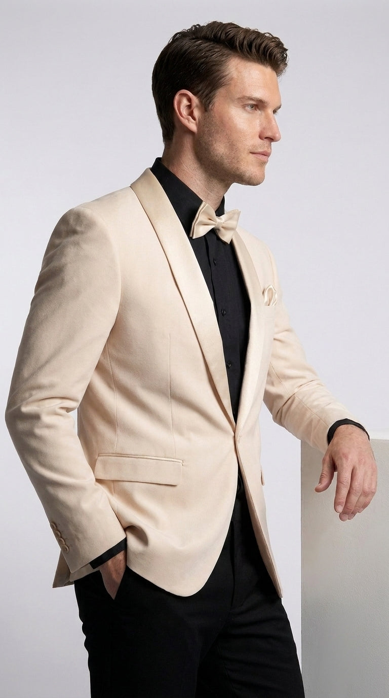 Men’s Champagne Tuxedo Dinner Jacket with Black Pants – Shawl Lapel Wedding, Prom and Formal Blazer - 34 Short or Extra Small