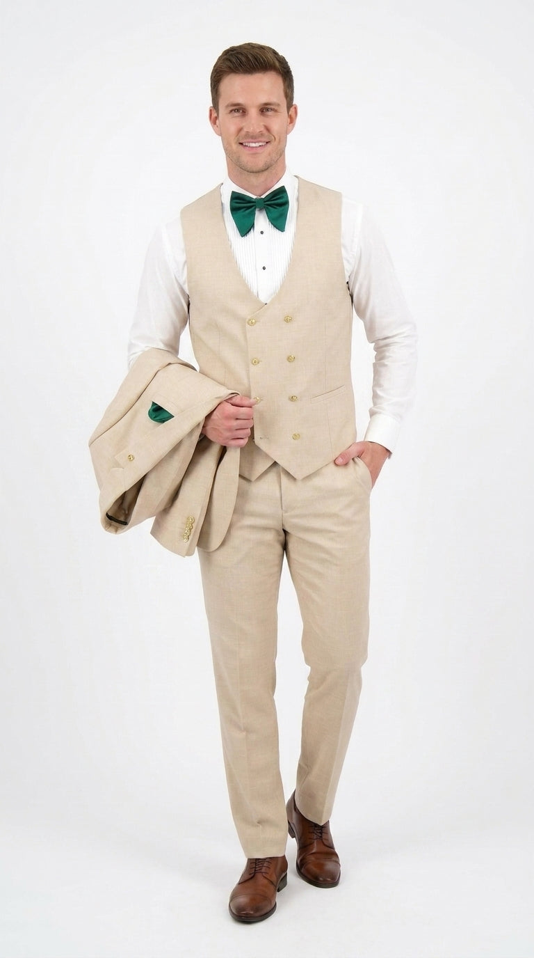 Men’s Khaki Tan 3-Piece Groomsmen Suit – Wedding Suit with Double-Breasted Vest and Pants Great Gatsby Style Gold buttons - 34 Short or Extra Small
