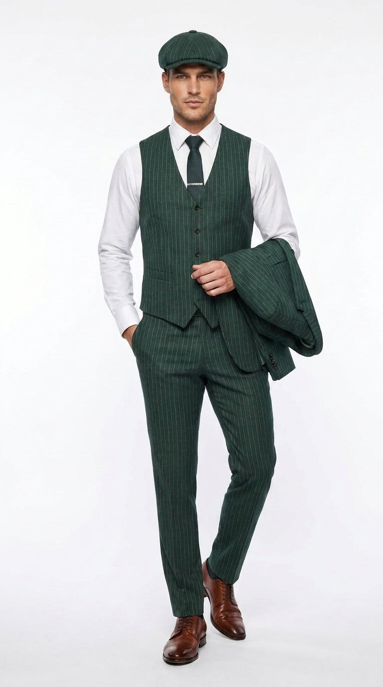 Men’s Hunter Green Pinstripe 3-Piece Suit – Vintage Wedding, Prom and Formal Suit with Matching Vest - 34 Short or Extra Small