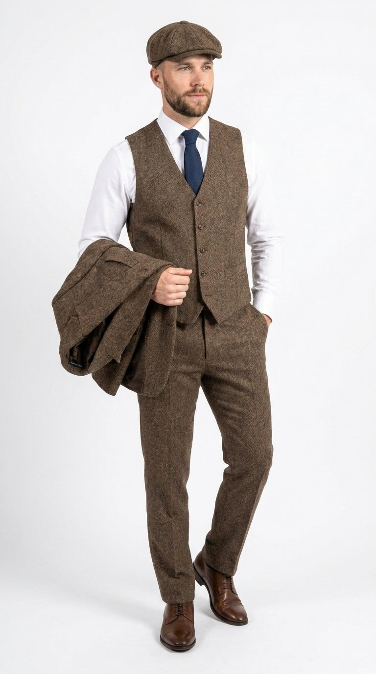 Peaky Blinder Men’s Brown Tweed 3-Piece Suit – Vintage Wedding, Business and Formal Suit with Matching Vest and Pants - 34 Short or Extra Small
