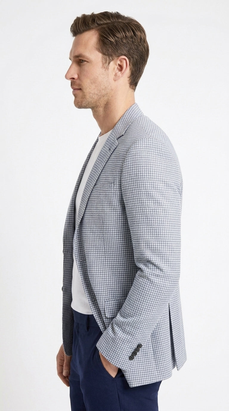 Men’s Light Blue Checkered Sport Coat – Two-Button Wedding, Business and Smart Casual Blazer
