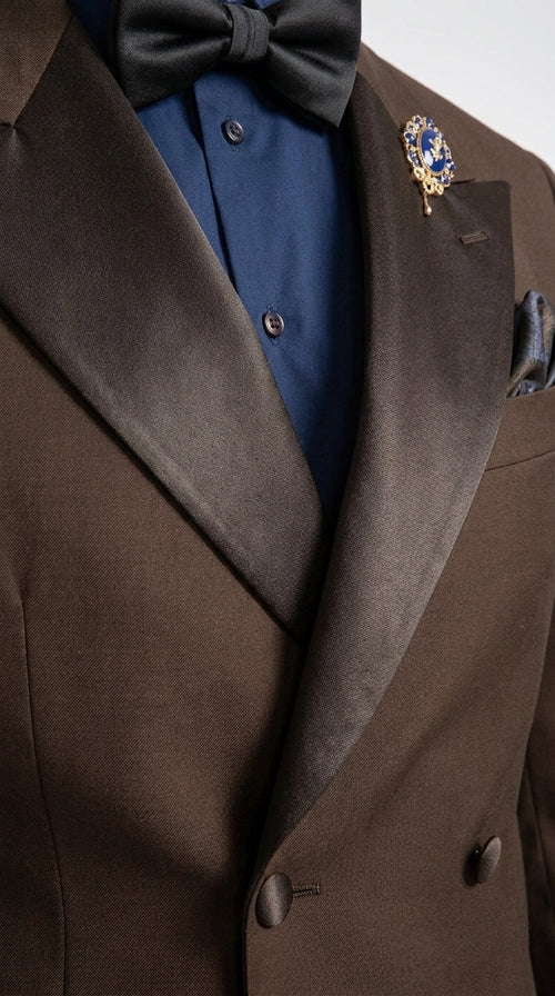 Men’s Brown Double Breasted Tuxedo – Satin Peak Lapel Formal Wedding & Prom Suit
