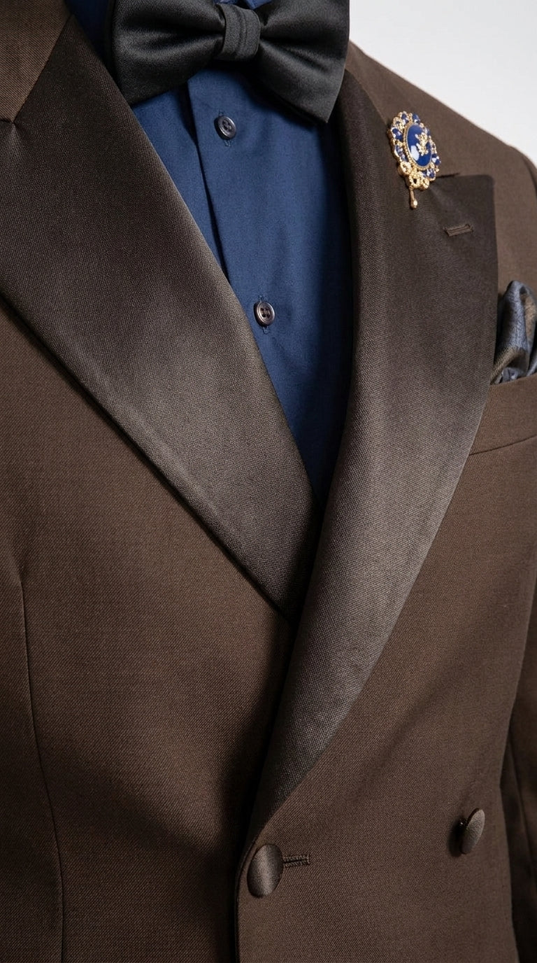 Men’s Brown Double Breasted Tuxedo – Satin Peak Lapel Formal Wedding & Prom Suit