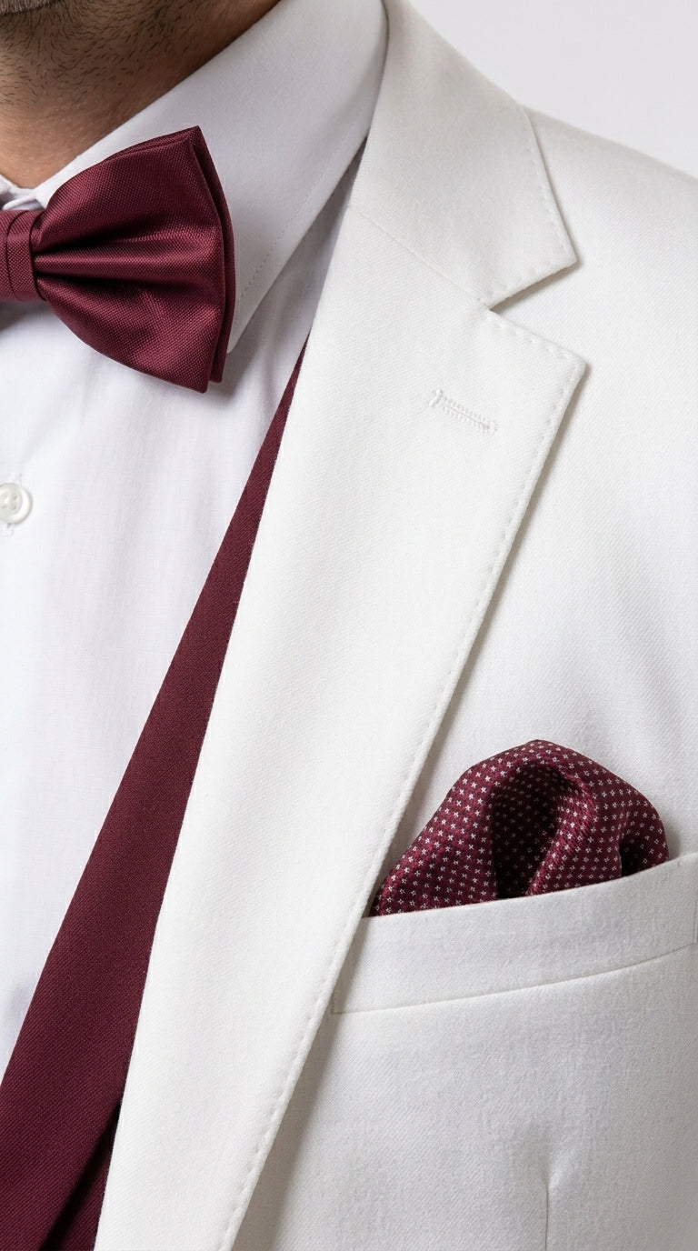Men’s White and Burgundy 3 Piece Tuxedo Suit, Vested Formal Wedding Prom Dinner Suit Set bowtie included - 34 Short or Extra Small