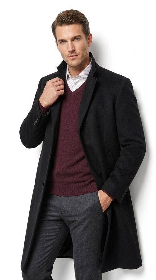 Men’s Big and Tall Black Cashmere Overcoat – Full-Length Winter Dress Coat for Business and Formal Wear