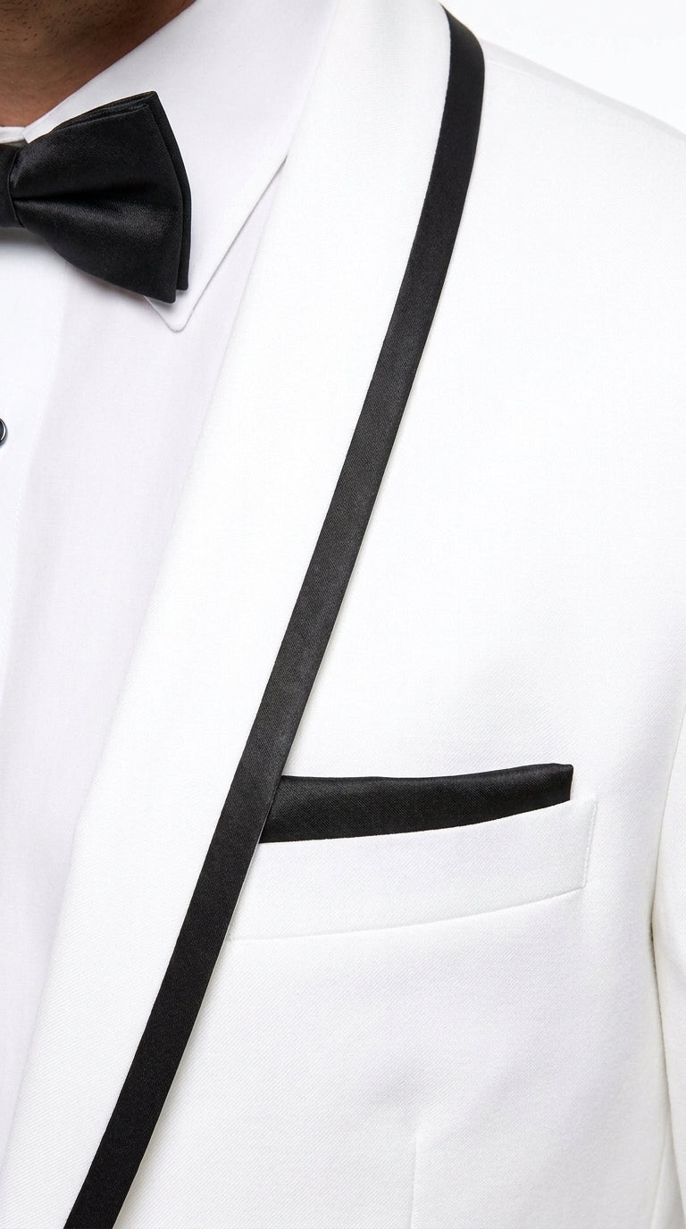 Men’s White Tuxedo Jacket – Black Trim Shawl Lapel Formal Dinner Blazer for Weddings, Prom Wedding Blazer Modern fit