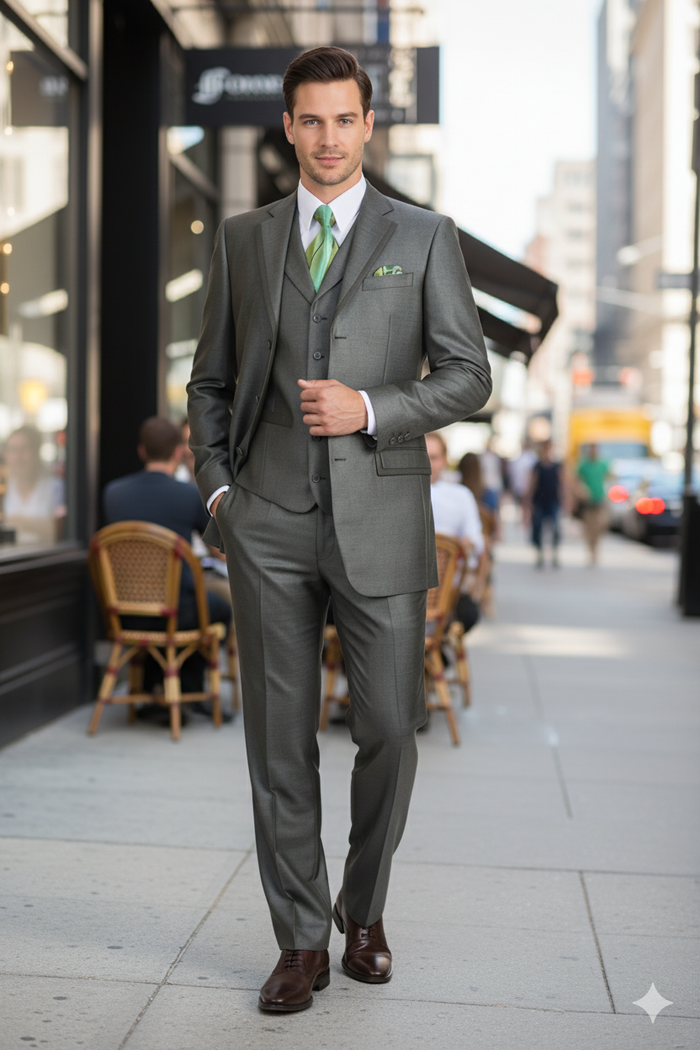 Mens Olive Green 3-Piece Suit Classic Fit with Vest and Tie Pleated Pants Three Buttons