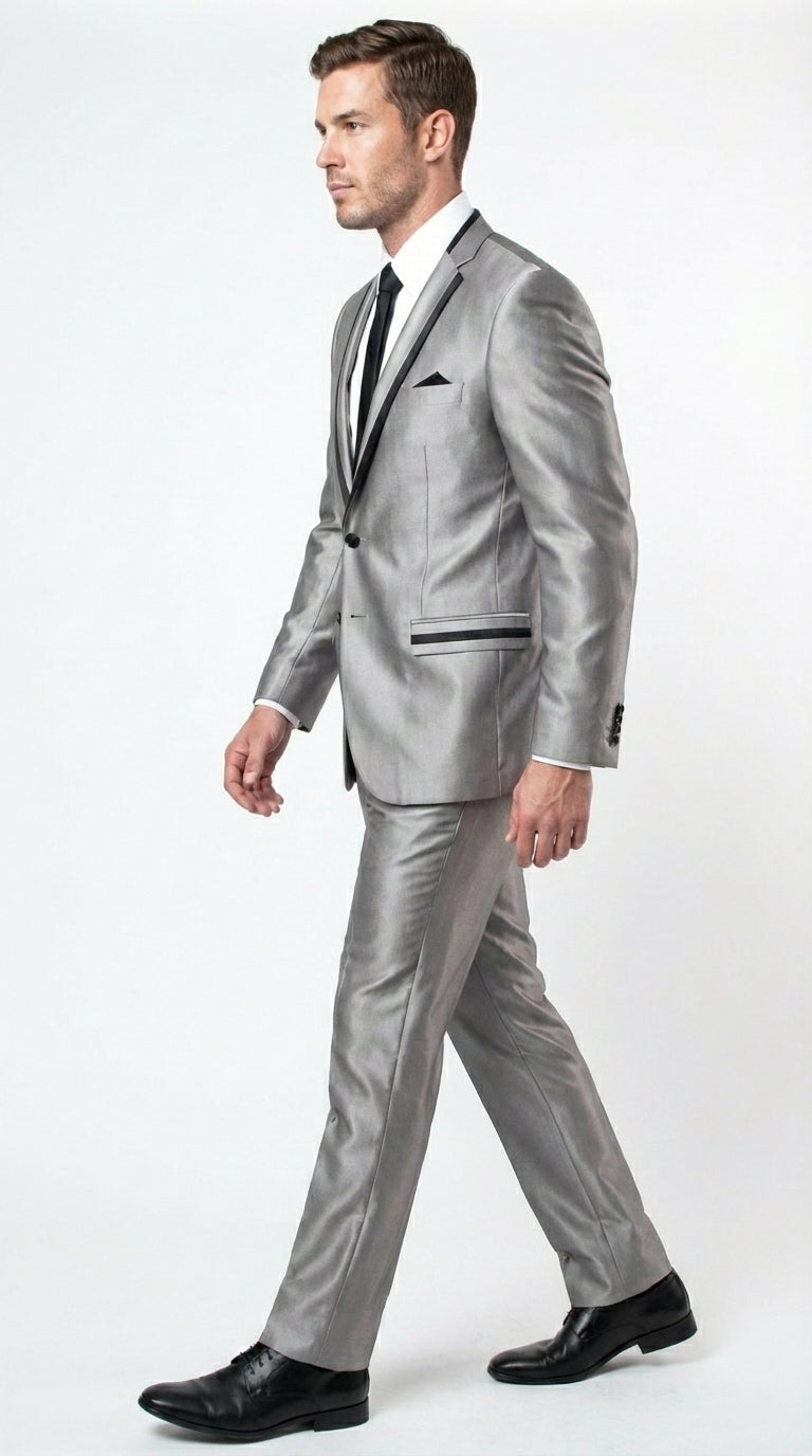 Men’s Silver Sharkskin Tuxedo Suit with Black Piping – Shiny Two Button Formal Suit for Wedding, Prom and Party Wear - 34 Short or Extra Small