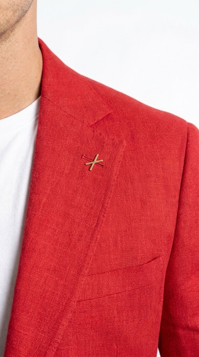 Men’s Red Linen Blazer – Two-Button Wedding, Business and Smart Casual Sport Coat - 36 Short