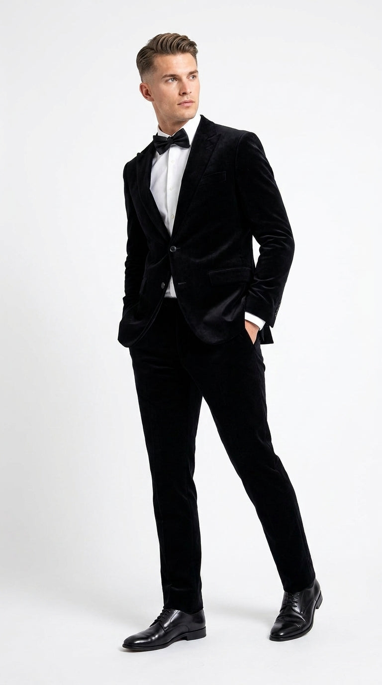 Men’s Black Velvet 2-Piece Suit – Notch Lapel Wedding, Prom and Formal Evening Suit - 34 Short or Extra Small