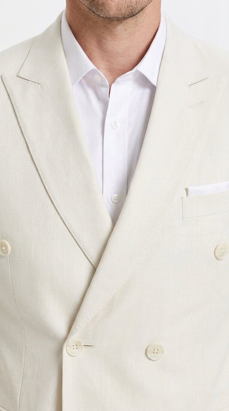 Men’s Ivory Cream Double-Breasted Linen Suit – Off-White Summer Wedding Slim Fitted 2-Piece Suit Cream Color - 34 Short or Extra Small