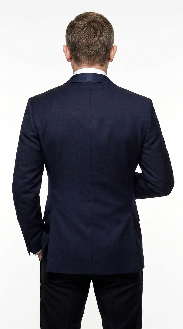 Men’s Navy James Bond Tuxedo Dinner Jacket – Satin Shawl Lapel Wedding, Prom and Black-Tie Blazer - 34 Short or Extra Small