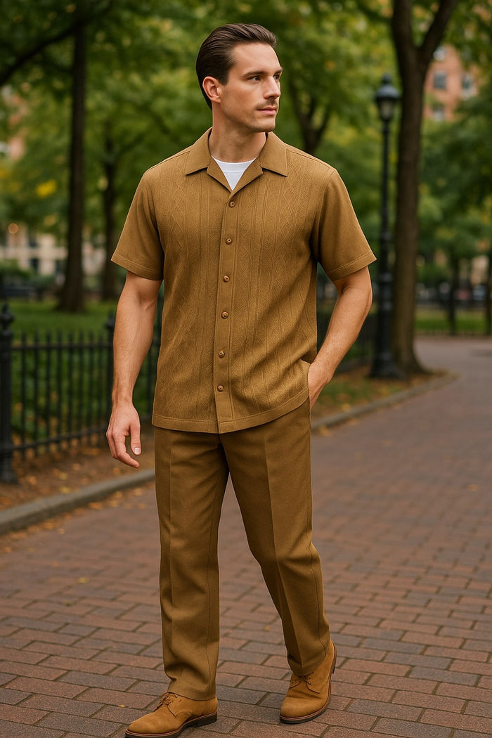 Mens Mocha Brown Short Sleeve Knit Walking Suit Two-Piece Casual Button Down Set in Taupe Coffee Color