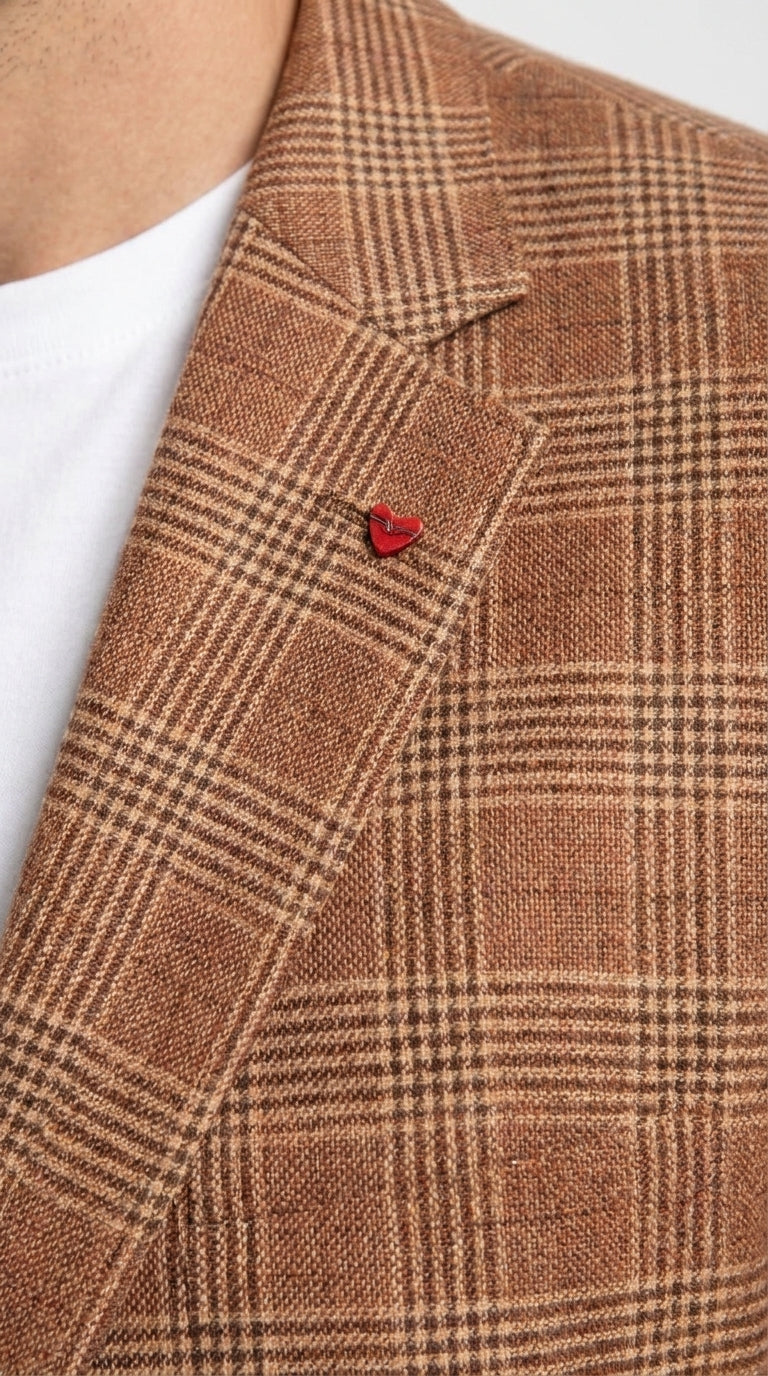 Vitali Men’s Rust Copper Brown Plaid Blazer with Tan Pants – Classic Windowpane, Business and Smart-Casual Birck color  Suit - 36 Short
