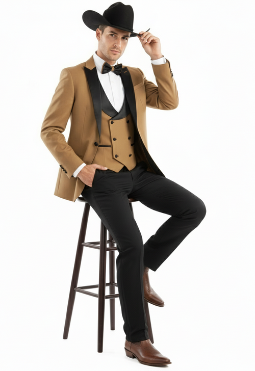 Mens Western Cowboy Tuxedo Tan and Black 3-Piece Suit with Satin Lapel and Vest in Mocca Coffee Color