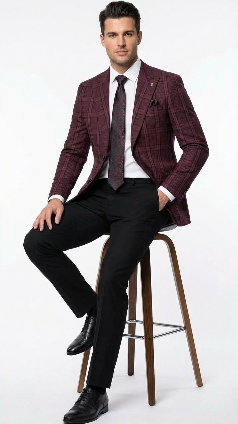 Men’s Burgundy Check Blazer – Windowpane Plaid blazer in Maroon Wine Color - 36 Short