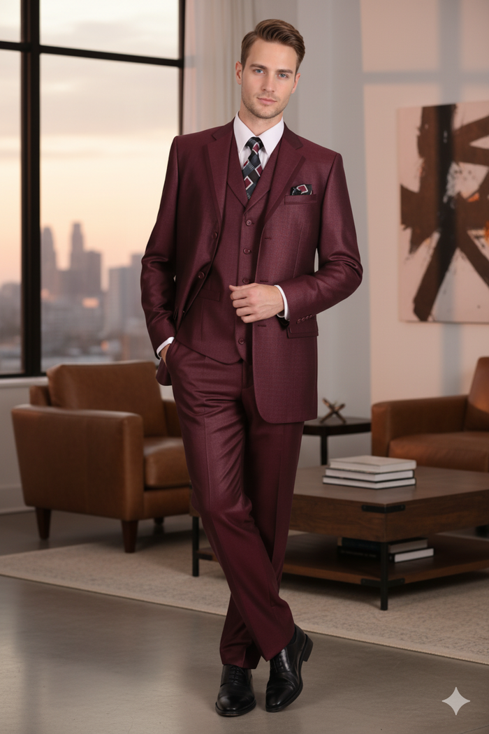 Mens Burgundy 3-Piece Suit Burgundy Three Buttons Vested Suit - Pleated Pants Classic Fit Athletic Cut