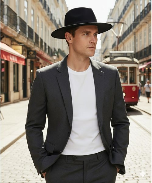 Mens Black Wide Brim Fedora Hat Classic Wool Felt Dress Hat with Matching Black Band