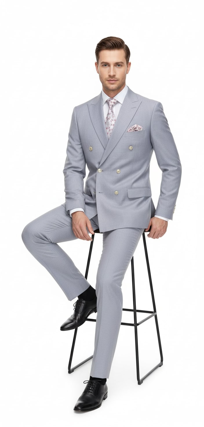 Mens Silver Grey Double-Breasted 3-Piece Suit – Classic Tailored Fit with Peak Lapel and Gold Buttons for Weddings, Church and Formal Events - 34 Short or Extra Small