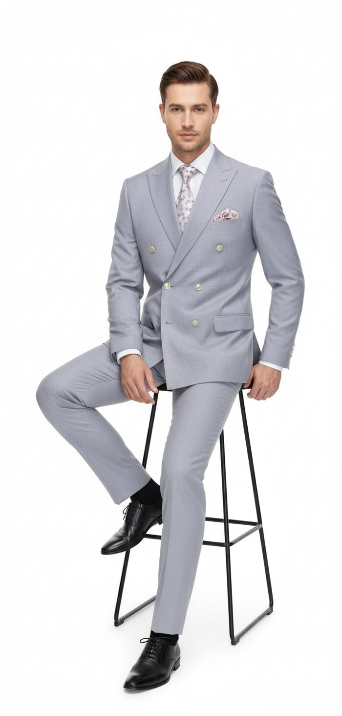 Mens Silver Grey Double-Breasted 3-Piece Suit Classic Tailored Fit with Peak Lapel and Gold Buttons for Weddings, Church and Formal Events