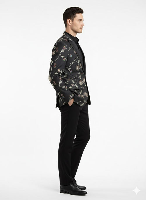 Luxury Black Floral Embroidered Blazer for Men Designer Party and Wedding Wear Jacket