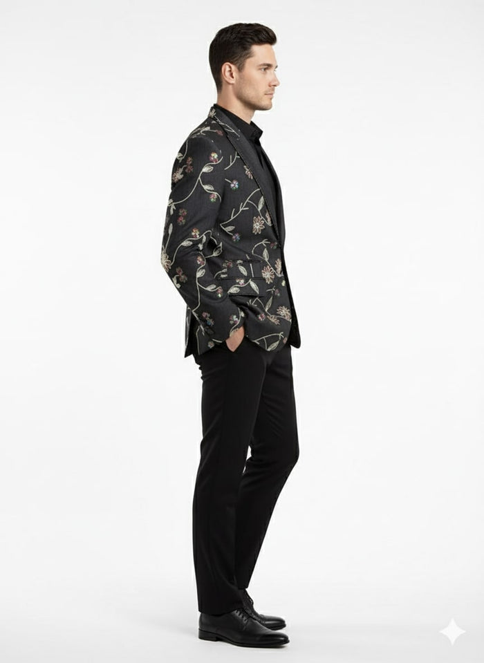 Luxury Black Floral Embroidered Blazer for Men Designer Party and Wedding Wear Jacket